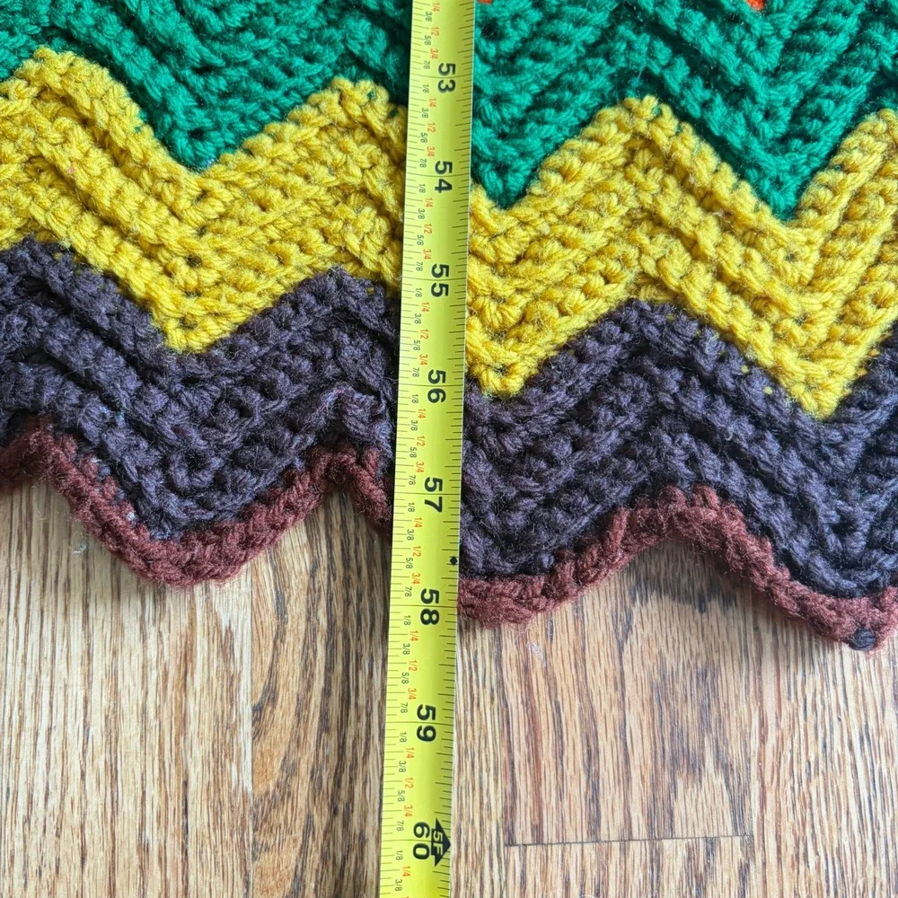 Vintage Handmade Crochet Chevron Ripple Afghan Blanket Orange Yellow Green Brown